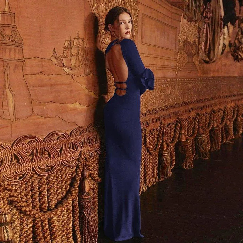 Elegant Solid Color Dress Backless Slim Fit Long Dress – High Waist Fashion
