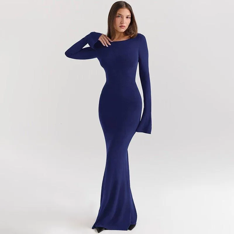 Elegant Solid Color Dress Backless Slim Fit Long Dress – High Waist Fashion