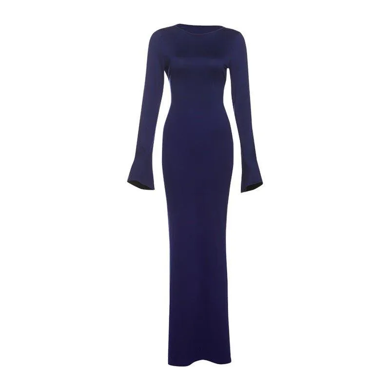 Elegant Solid Color Dress Backless Slim Fit Long Dress – High Waist Fashion
