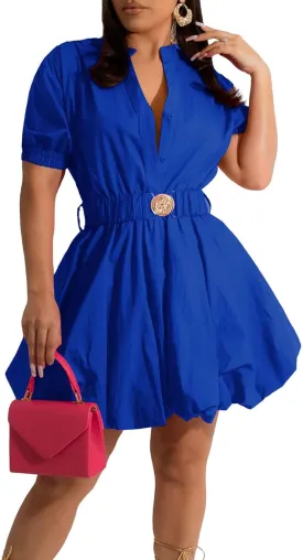 ENOPINK Womens Mini Dress Puff Sleeve Dresses 2025 Button Down Split V Neck High Waist Party Clubwear with Belt