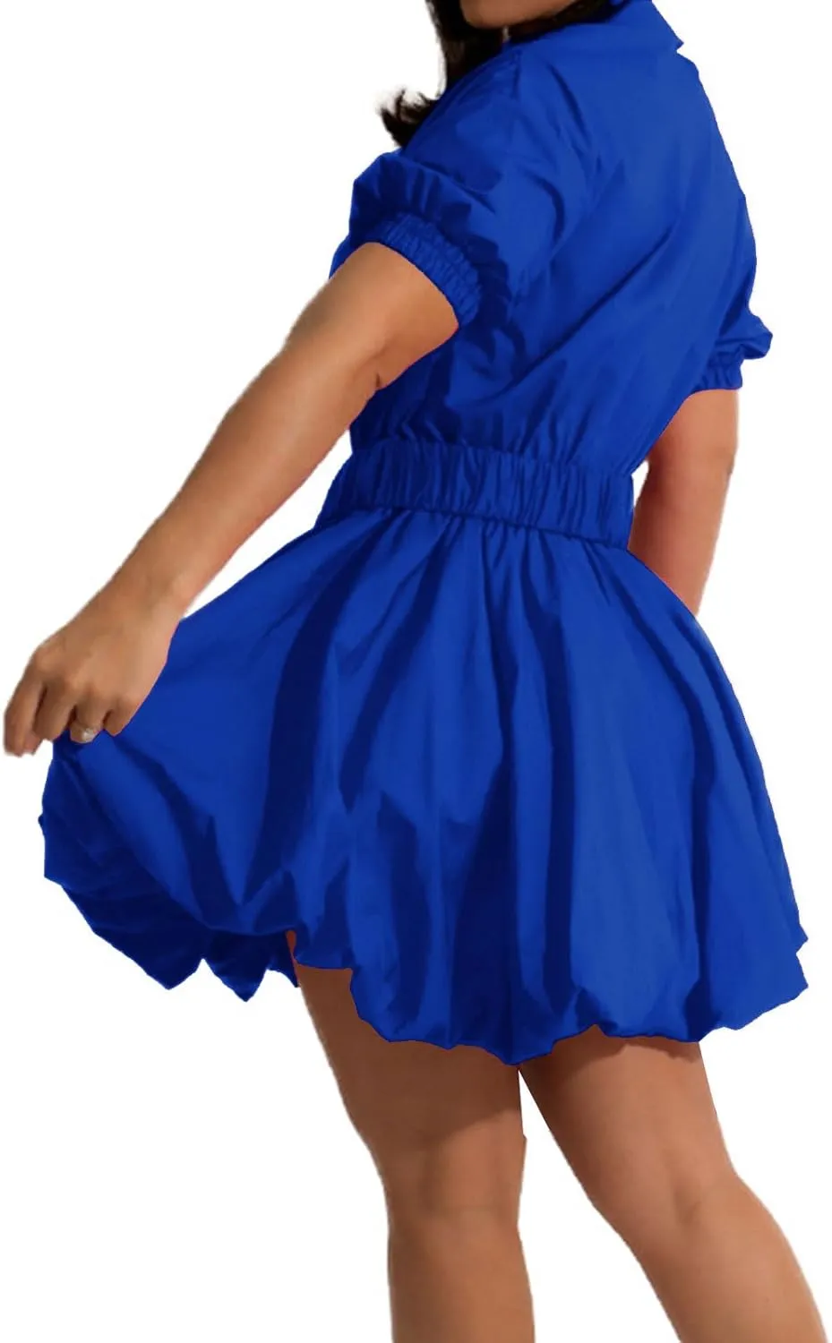 ENOPINK Womens Mini Dress Puff Sleeve Dresses 2025 Button Down Split V Neck High Waist Party Clubwear with Belt