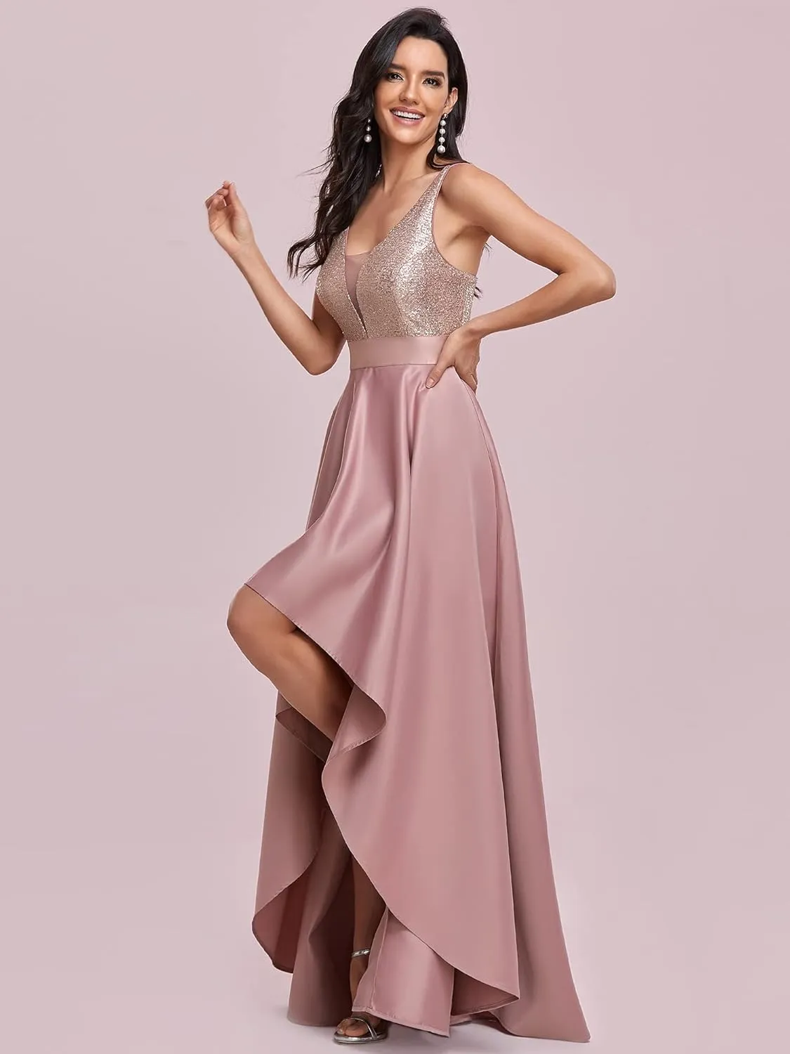 Ever-Pretty Women's Bridesmaid Dresses Summer Glitter V-Neck A-line High-Low Wedding Guest Dresses 00667