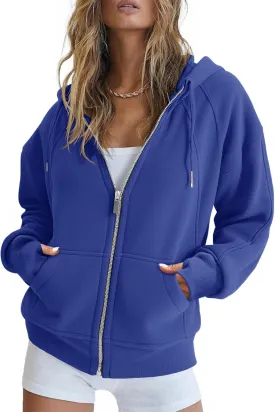 Fisoew Womens Zip Up Sweatshirts Fleece Lined Collar Crop Hoodie Casual Cotton Long Sleeve Tops with Thumb Hole