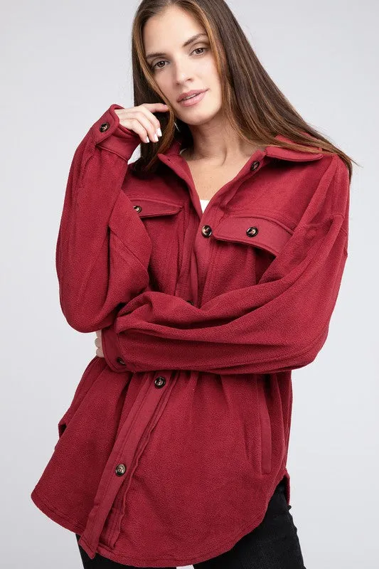 Fleece Olive Green Buttoned Down Oversized Jacket