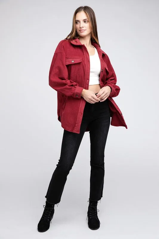 Fleece Olive Green Buttoned Down Oversized Jacket