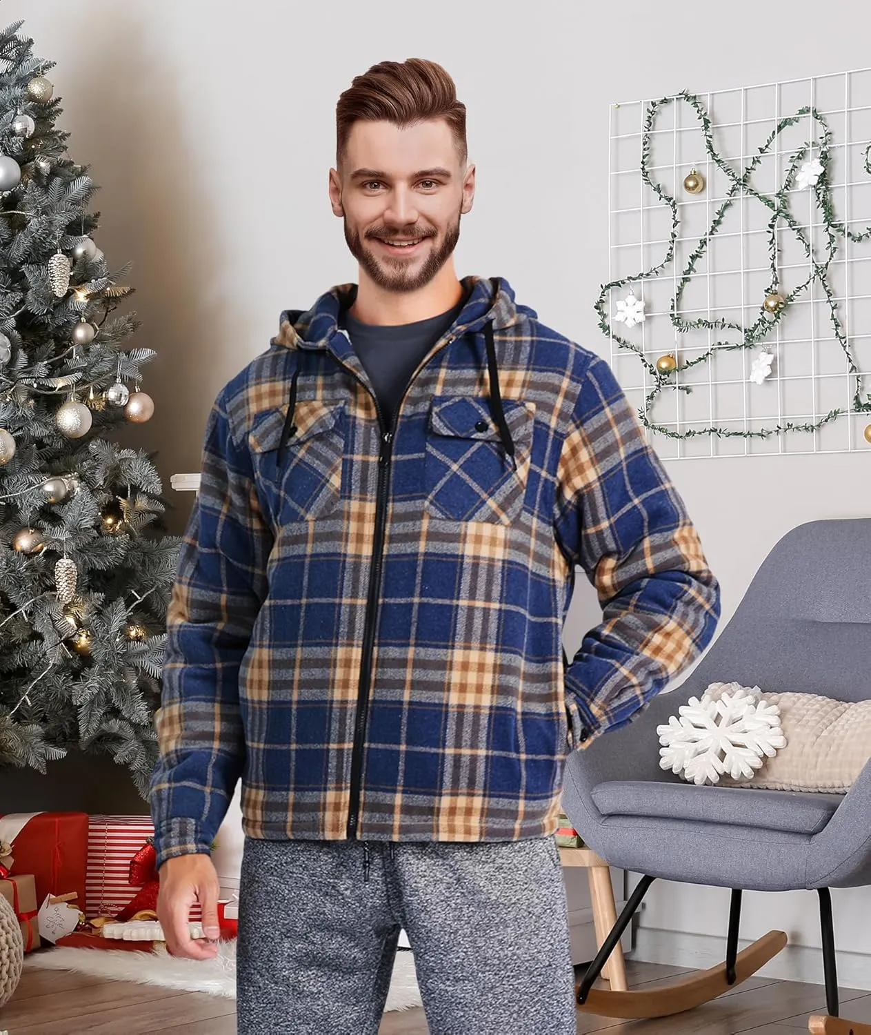 GEEK LIGHTING Men's Flannel Shirts Jacket Sherpa Lined Fleece Plaid Hoodie Long Sleeve Winter Warm Coat
