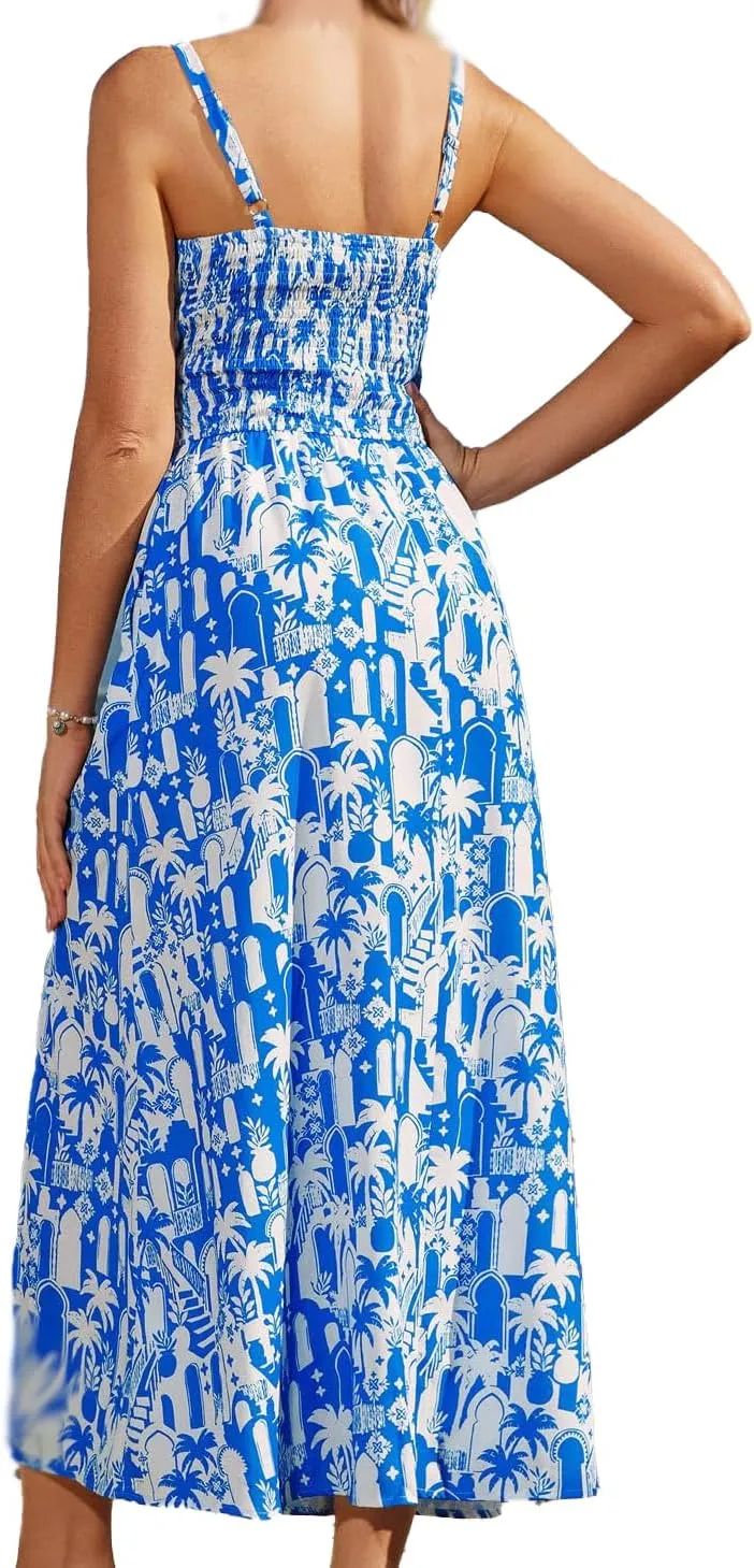 GOLDSTITCH Women 2025 Summer Casual Spaghetti Strap Smocked Floral Dress Party Maxi Dresses