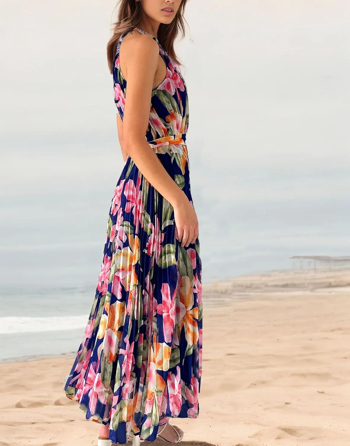 GOLDSTITCH Women 2025 Summer Casual Spaghetti Strap Smocked Floral Dress Party Maxi Dresses