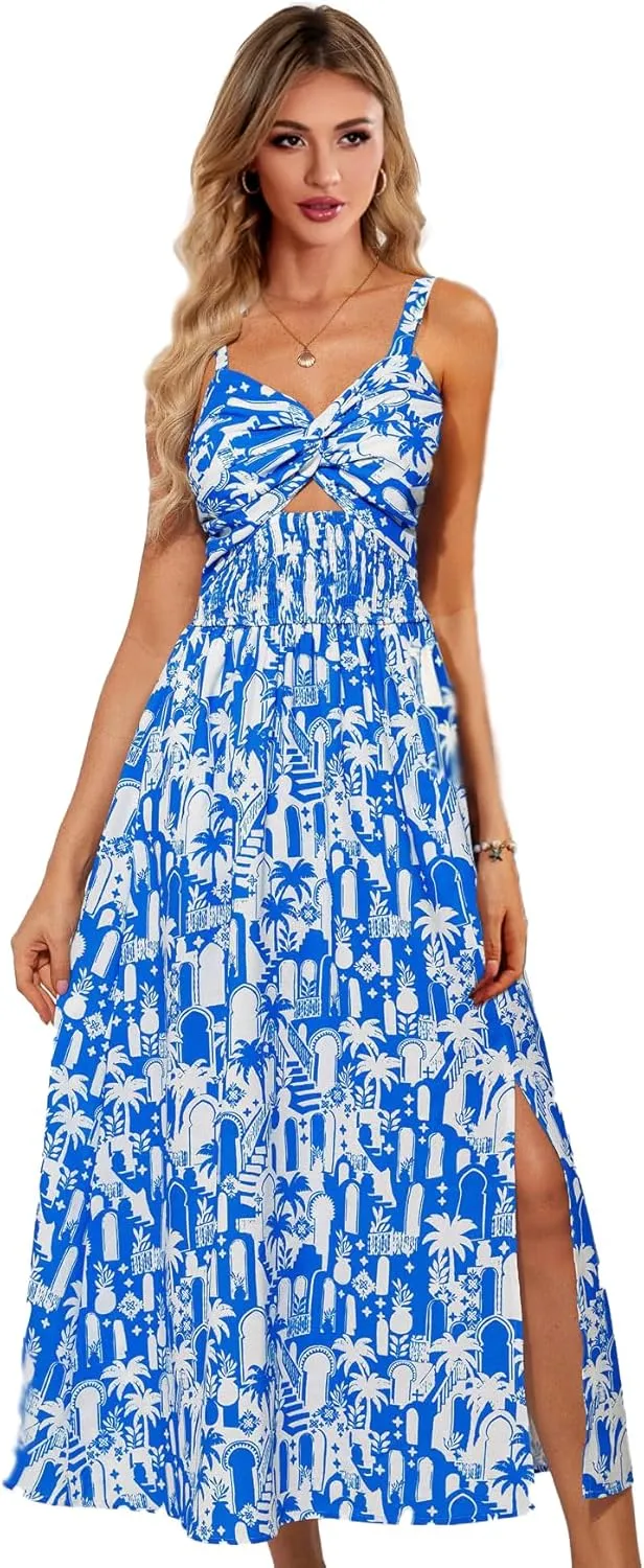 GOLDSTITCH Women 2025 Summer Casual Spaghetti Strap Smocked Floral Dress Party Maxi Dresses