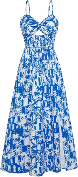 GOLDSTITCH Women 2025 Summer Casual Spaghetti Strap Smocked Floral Dress Party Maxi Dresses
