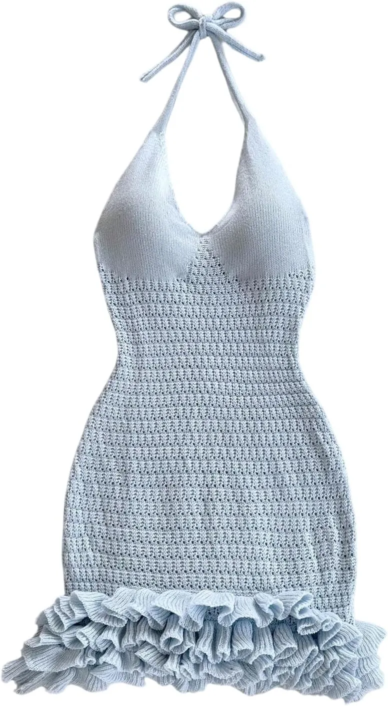 GORGLITTER Women's Crochet Halter Bubble Mini Dress Bow Backless Summer Bodycon Knit Dress Vacation Festival Outfits