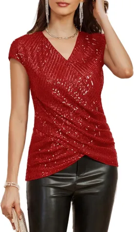 GRACE KARIN Womens Sparkle Sequin Top Shimmer Glitter Blouse Twist Front V Neck Cap Sleeve Club Party Shirt