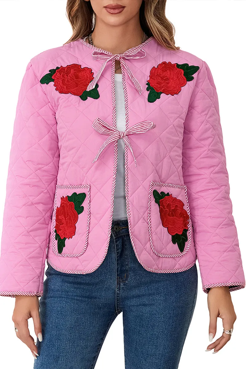 HCT1346 Quilted Floral Tie-Front Jacket Outerwear