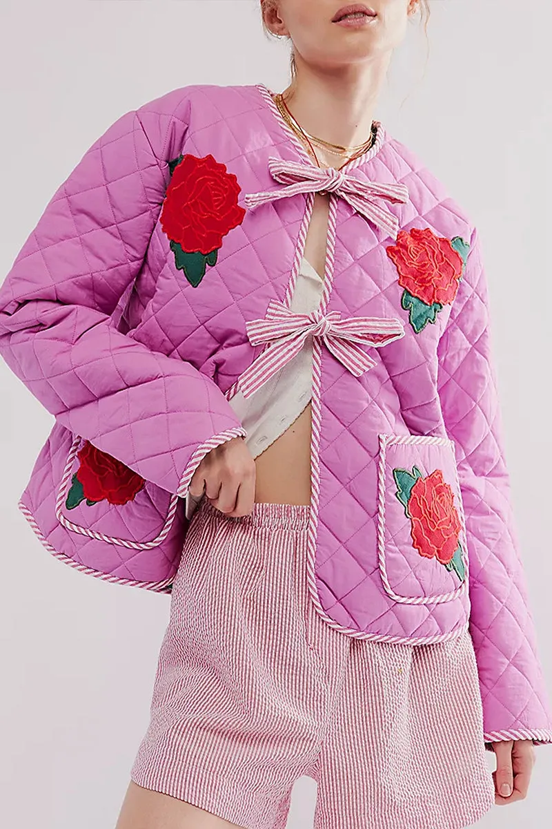 HCT1346 Quilted Floral Tie-Front Jacket Outerwear