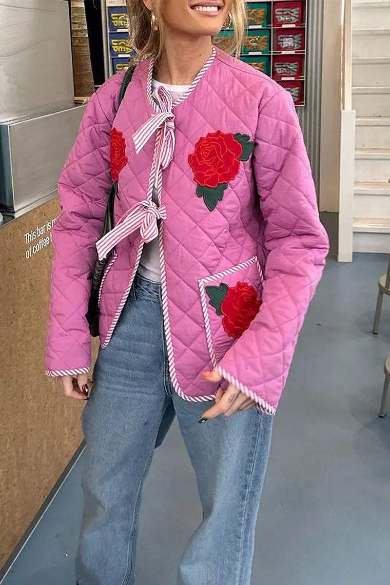 HCT1346 Quilted Floral Tie-Front Jacket Outerwear