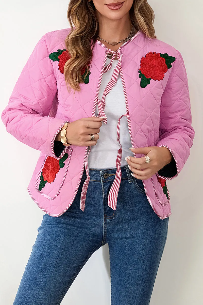 HCT1346 Quilted Floral Tie-Front Jacket Outerwear