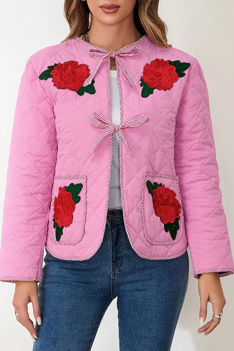 HCT1346 Quilted Floral Tie-Front Jacket Outerwear
