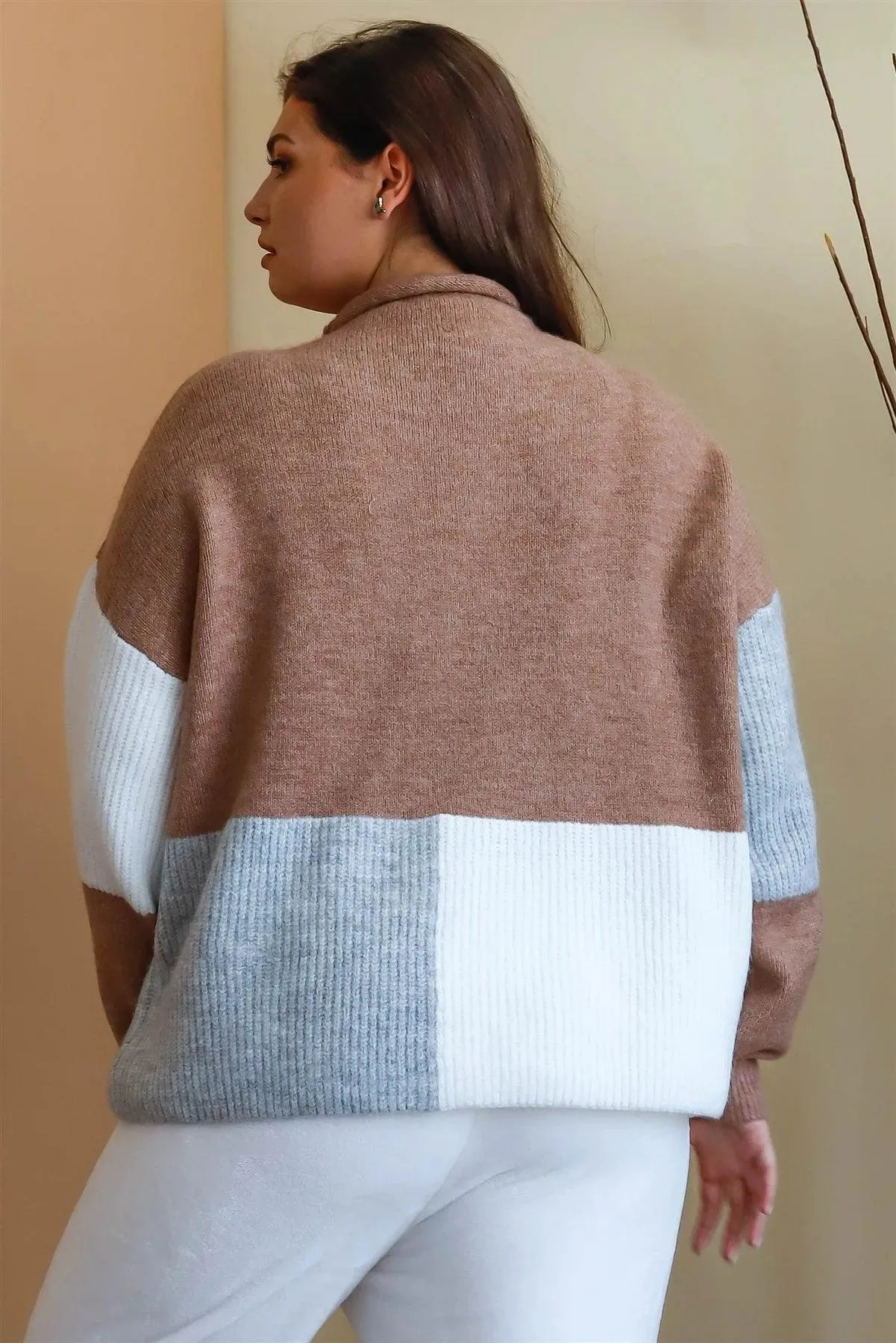 Junior Plus Cocoa Multi Color Colorblock Knit Mock Neck Sweater /3-2-1