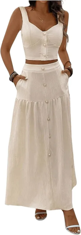 MakeMeChic Women's 2 Piece Outfits Wide Strap Cami Crop Top and Ruffle Maxi Skirt Set with Pockets