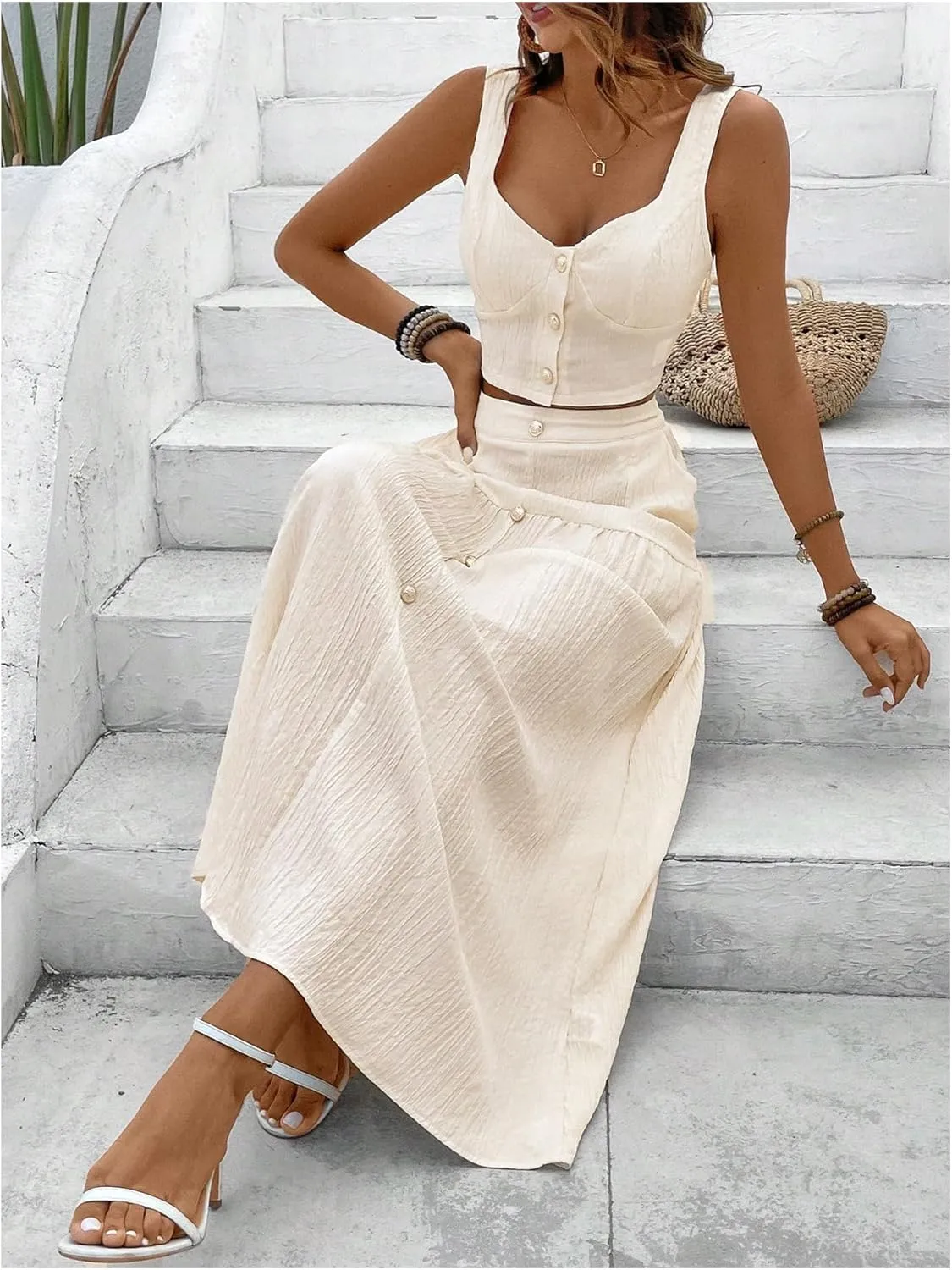 MakeMeChic Women's 2 Piece Outfits Wide Strap Cami Crop Top and Ruffle Maxi Skirt Set with Pockets