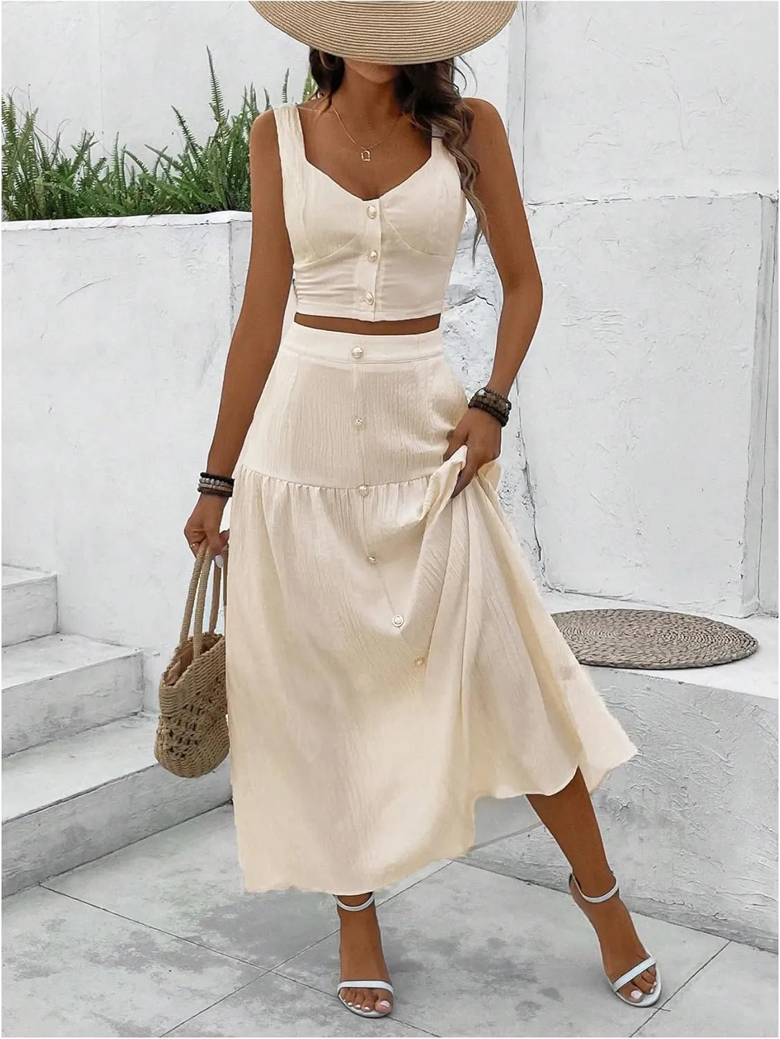 MakeMeChic Women's 2 Piece Outfits Wide Strap Cami Crop Top and Ruffle Maxi Skirt Set with Pockets