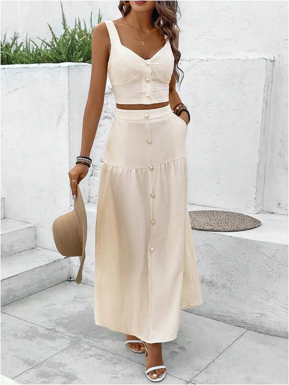 MakeMeChic Women's 2 Piece Outfits Wide Strap Cami Crop Top and Ruffle Maxi Skirt Set with Pockets