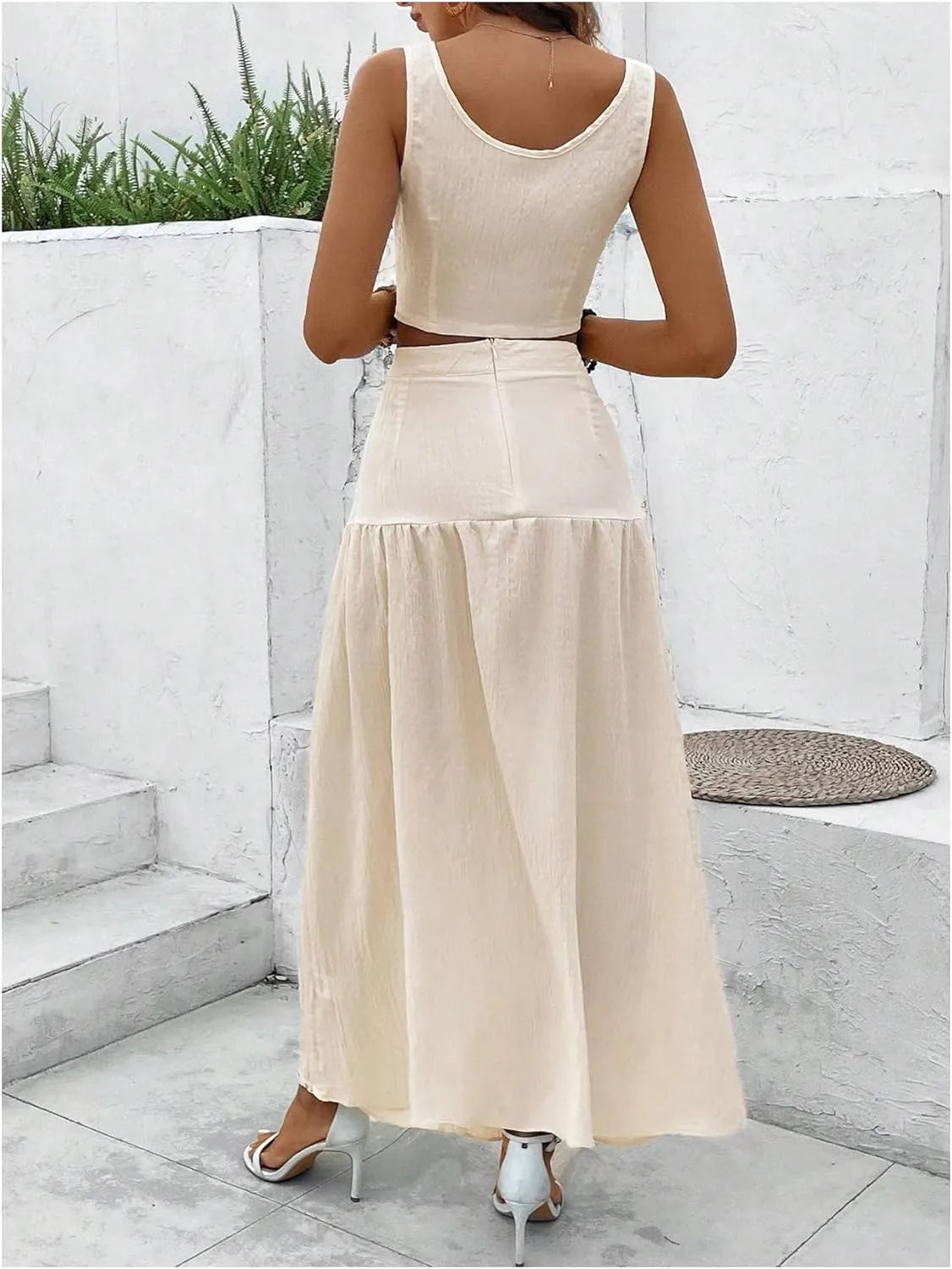 MakeMeChic Women's 2 Piece Outfits Wide Strap Cami Crop Top and Ruffle Maxi Skirt Set with Pockets