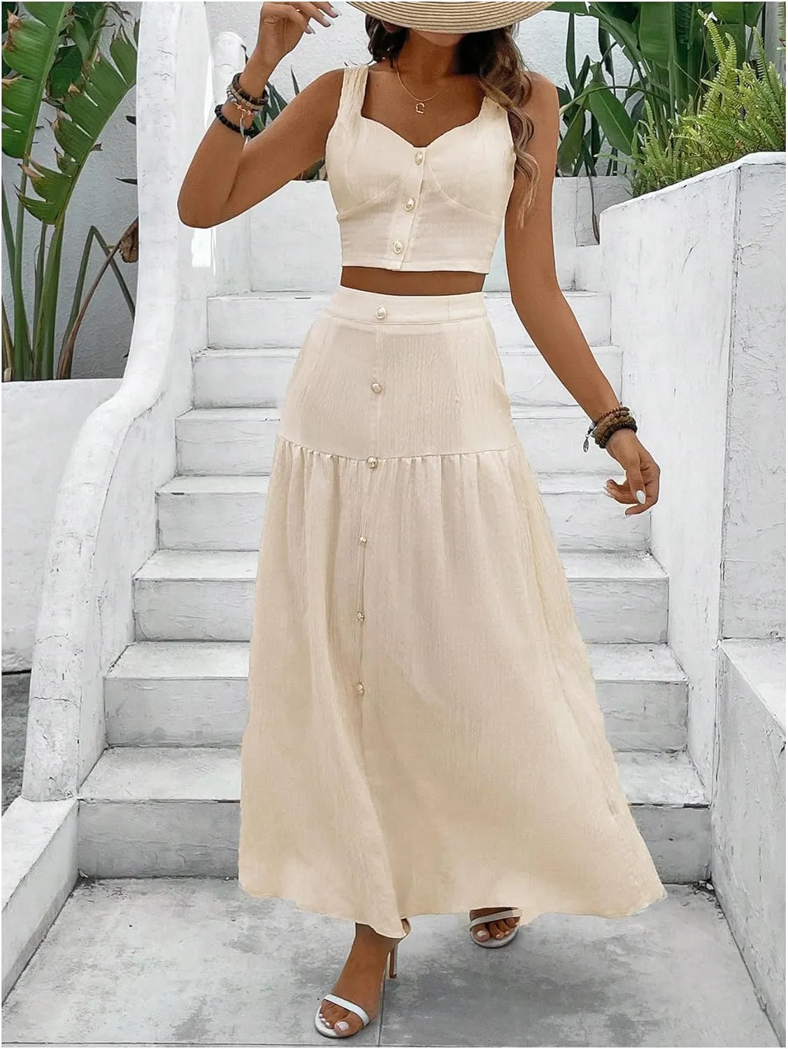 MakeMeChic Women's 2 Piece Outfits Wide Strap Cami Crop Top and Ruffle Maxi Skirt Set with Pockets