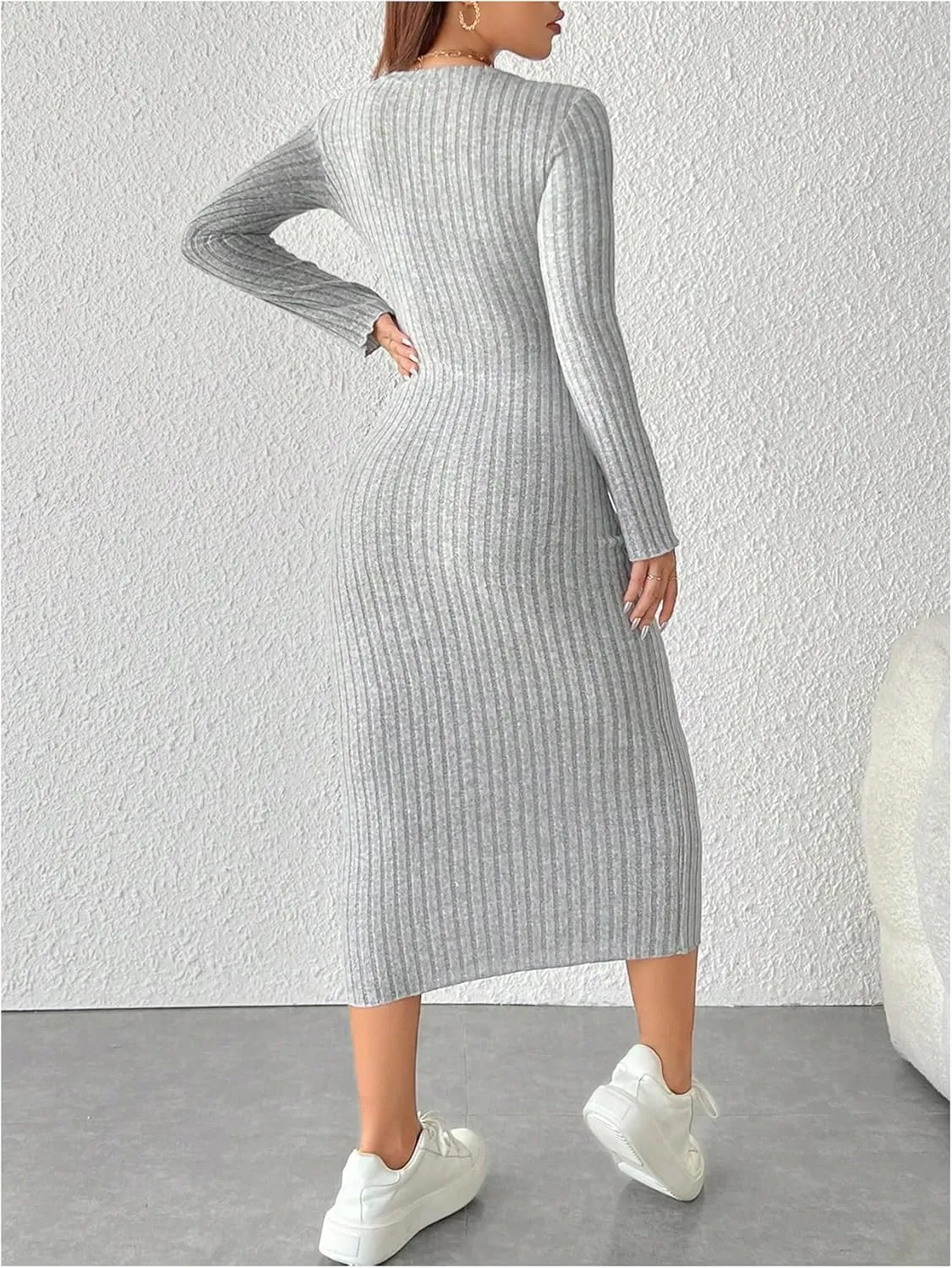 MakeMeChic Women's Rib Knit Midi Dress Lettuce Trim Long Sleeve Bodycon Slim Fitted Dresses