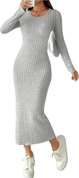 MakeMeChic Women's Rib Knit Midi Dress Lettuce Trim Long Sleeve Bodycon Slim Fitted Dresses