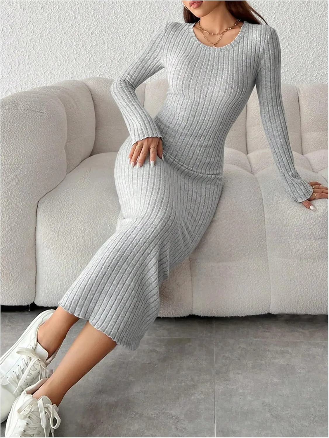 MakeMeChic Women's Rib Knit Midi Dress Lettuce Trim Long Sleeve Bodycon Slim Fitted Dresses