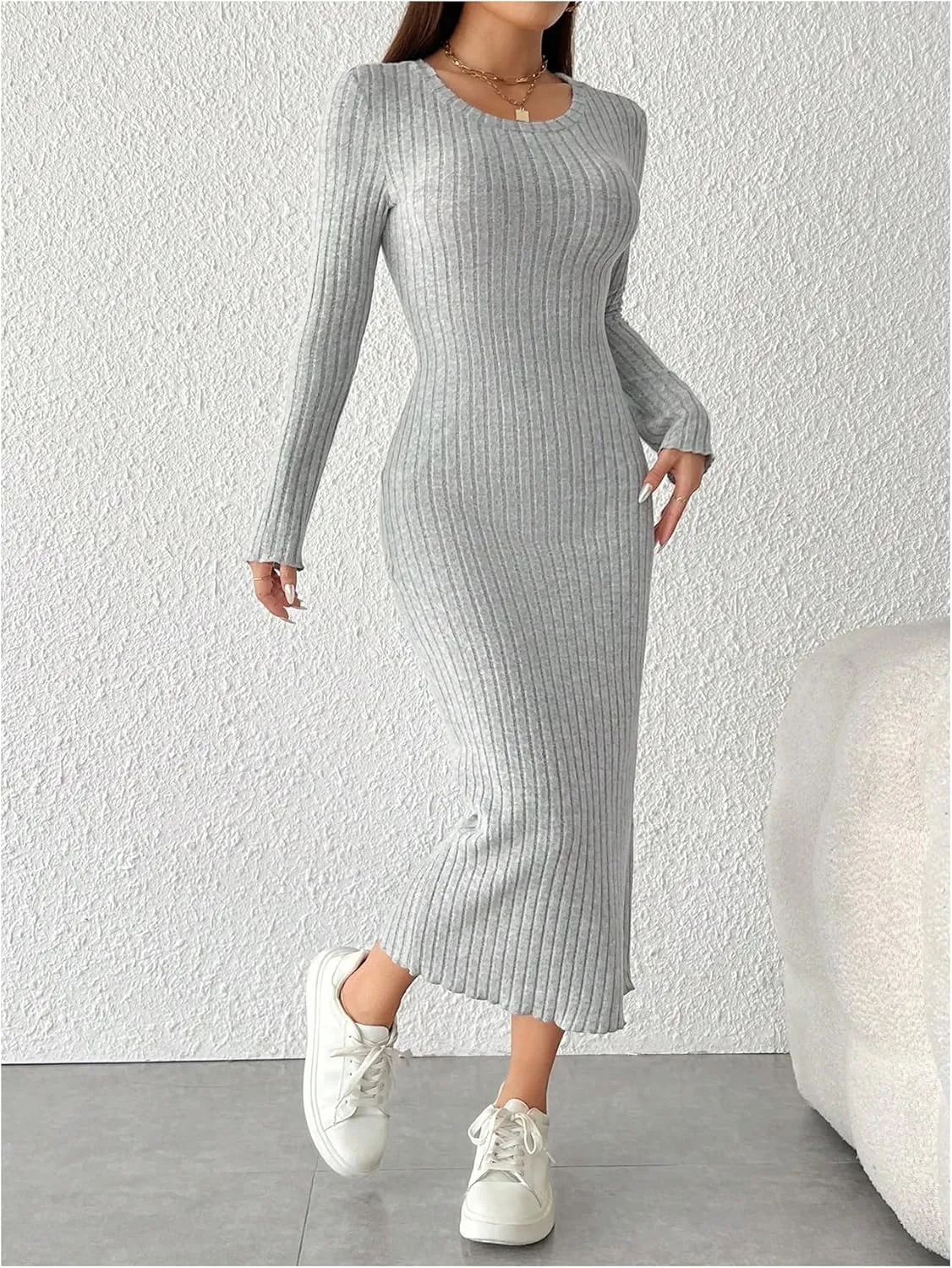 MakeMeChic Women's Rib Knit Midi Dress Lettuce Trim Long Sleeve Bodycon Slim Fitted Dresses