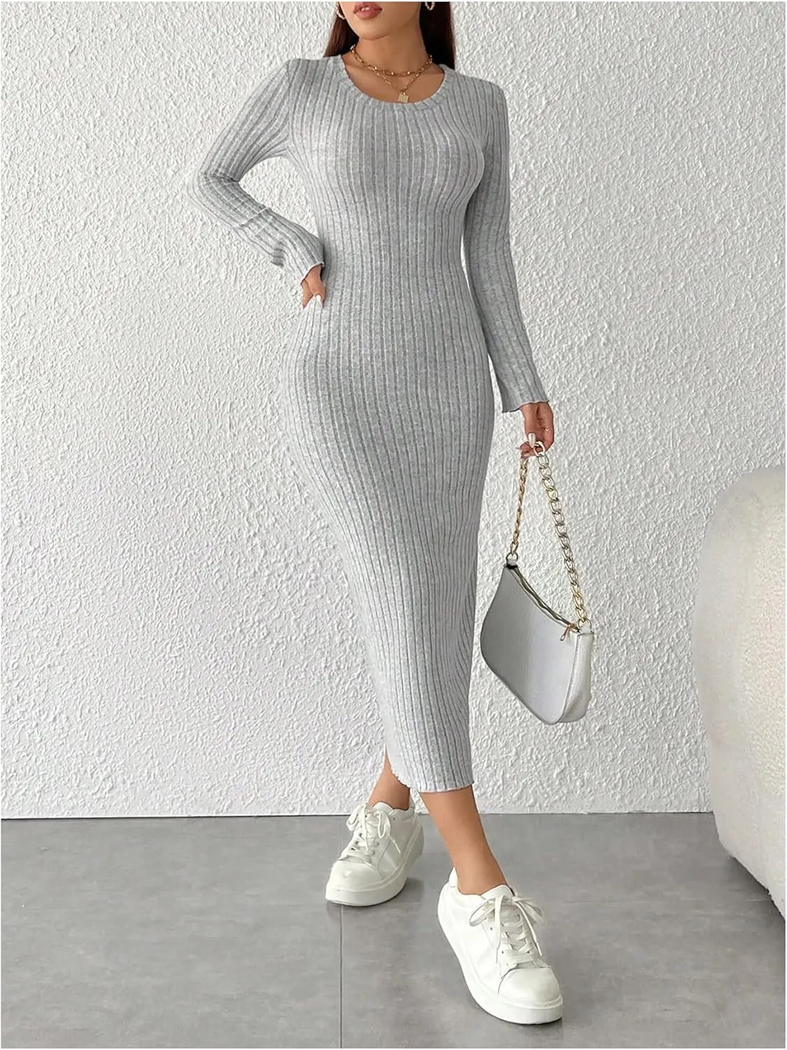 MakeMeChic Women's Rib Knit Midi Dress Lettuce Trim Long Sleeve Bodycon Slim Fitted Dresses