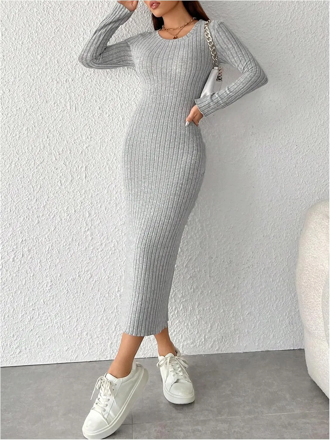 MakeMeChic Women's Rib Knit Midi Dress Lettuce Trim Long Sleeve Bodycon Slim Fitted Dresses