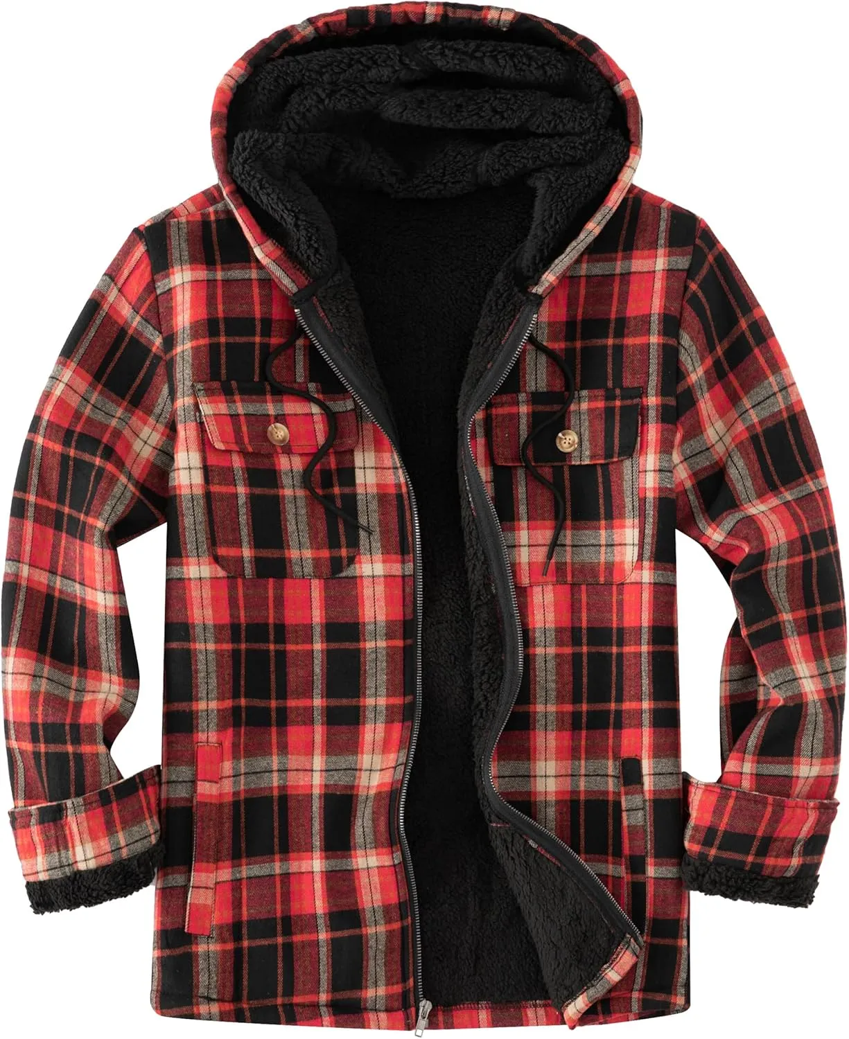 Men's Flannel Plaid Hooded Jackets Full Zip Sherpa Fleece Lined Hoodies Fashion Warm Coat