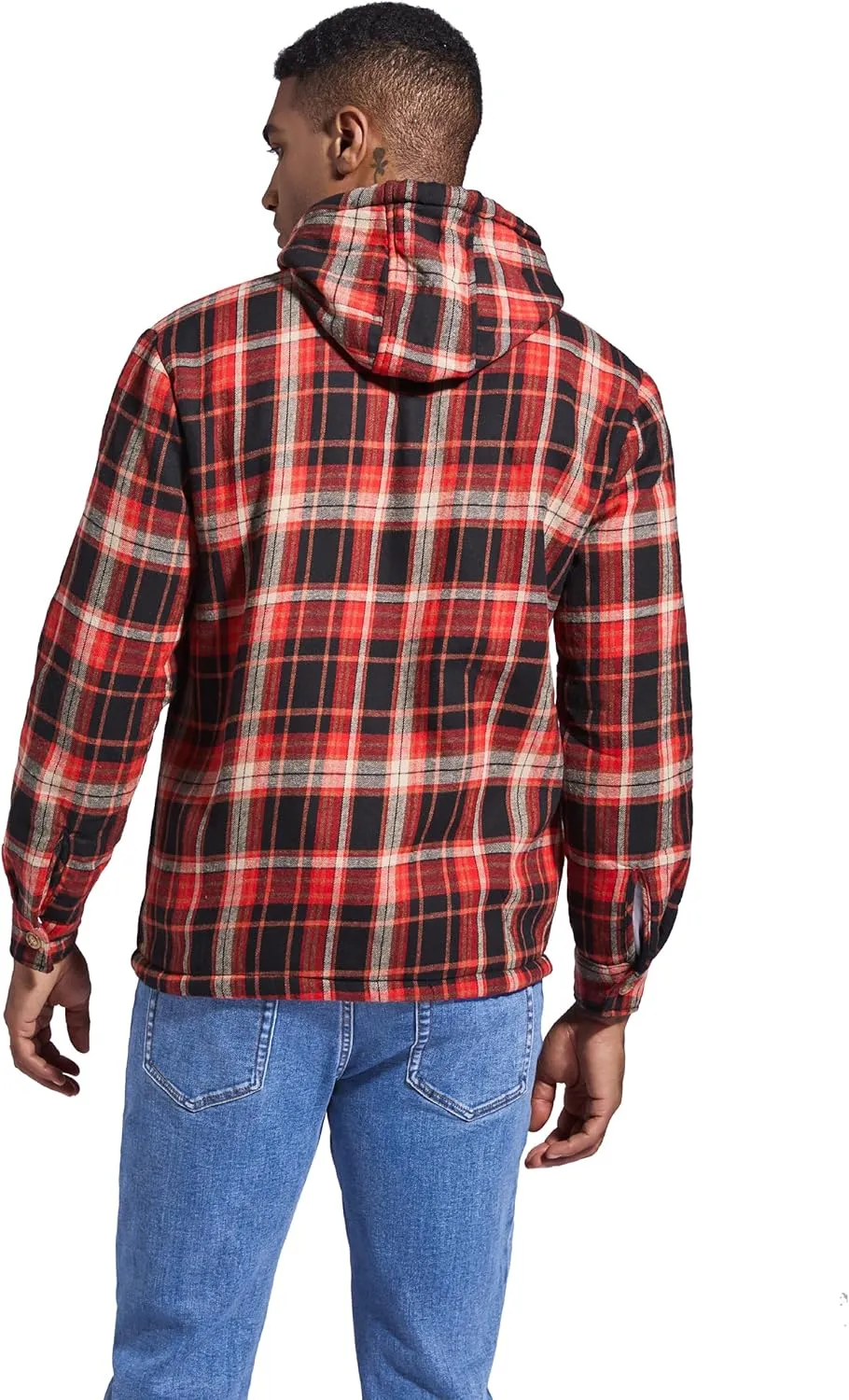 Men's Flannel Plaid Hooded Jackets Full Zip Sherpa Fleece Lined Hoodies Fashion Warm Coat
