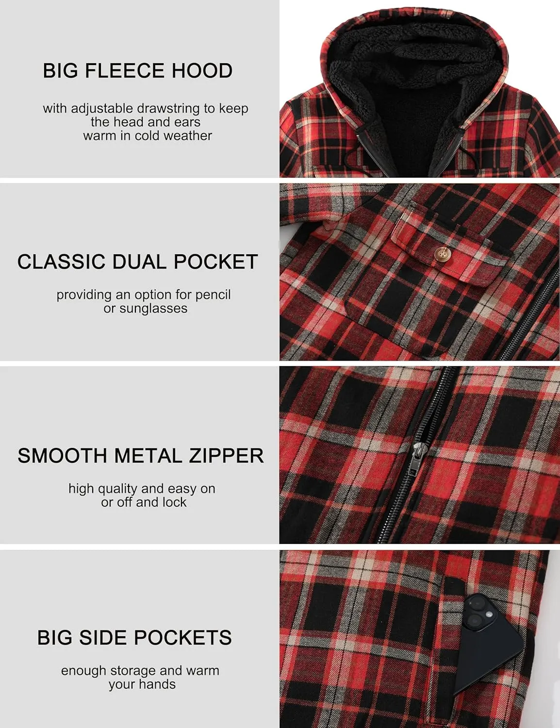 Men's Flannel Plaid Hooded Jackets Full Zip Sherpa Fleece Lined Hoodies Fashion Warm Coat