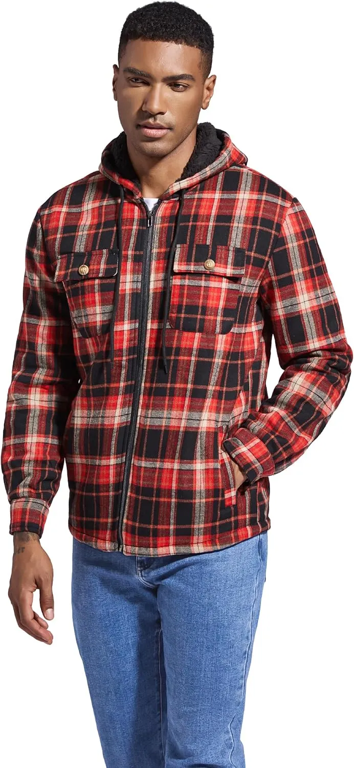 Men's Flannel Plaid Hooded Jackets Full Zip Sherpa Fleece Lined Hoodies Fashion Warm Coat