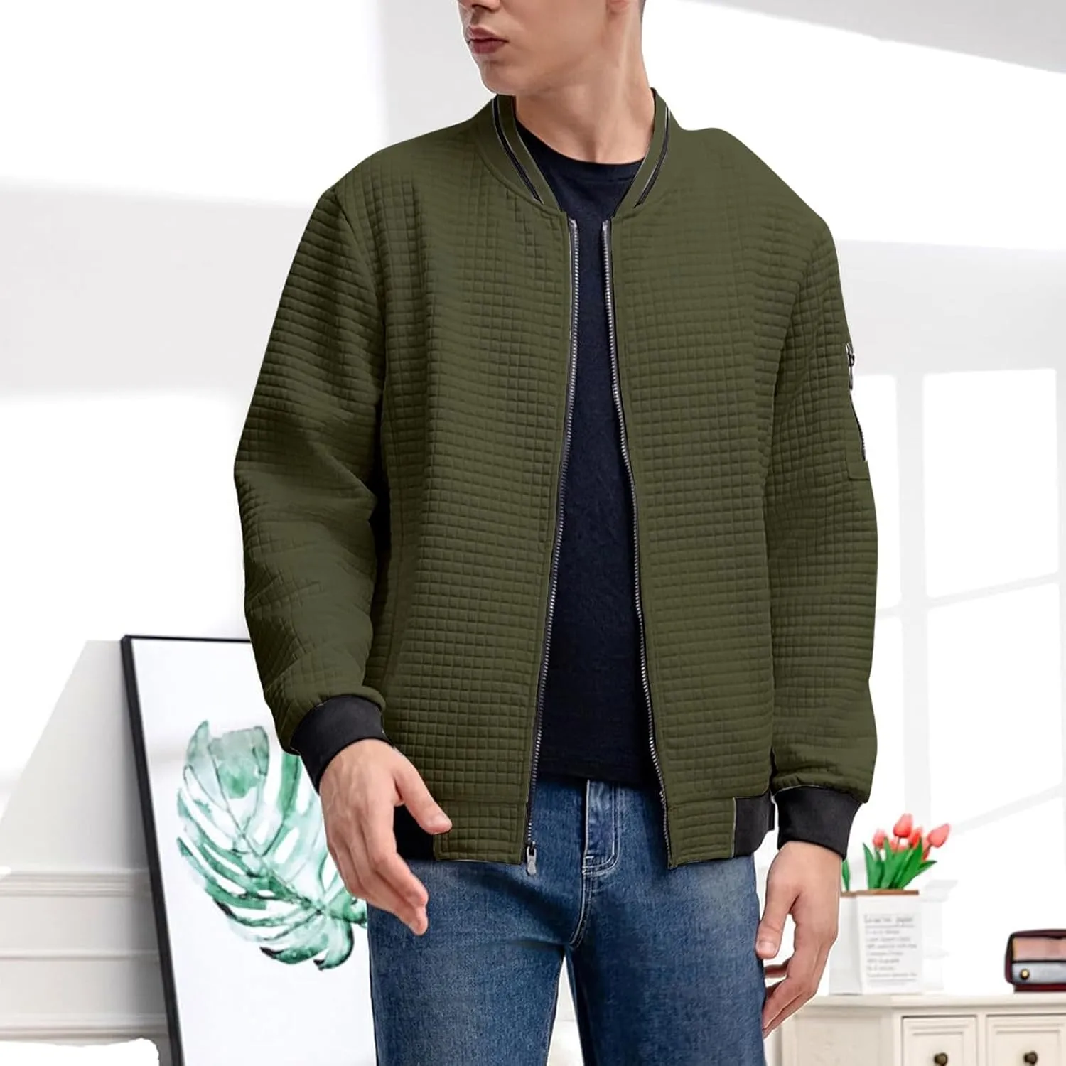 Mens Lightweight Bomber Jackets Casual Waffle Zip Up Fashion Varsity Jacket Plus Size Running Hiking Travel Coat Top