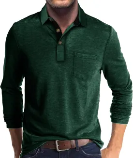 Mens Long Sleeve Polo Shirts Casual Fashion Button Up Collared Golf T Shirts with Pocket