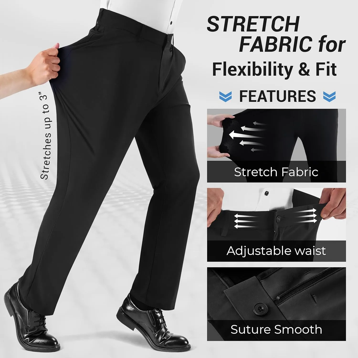 Mens Stretch Dress Pants, Men's Classic Fit Casual Pants Lightweight Quick Dry Flat Front Golf Work with Pockets