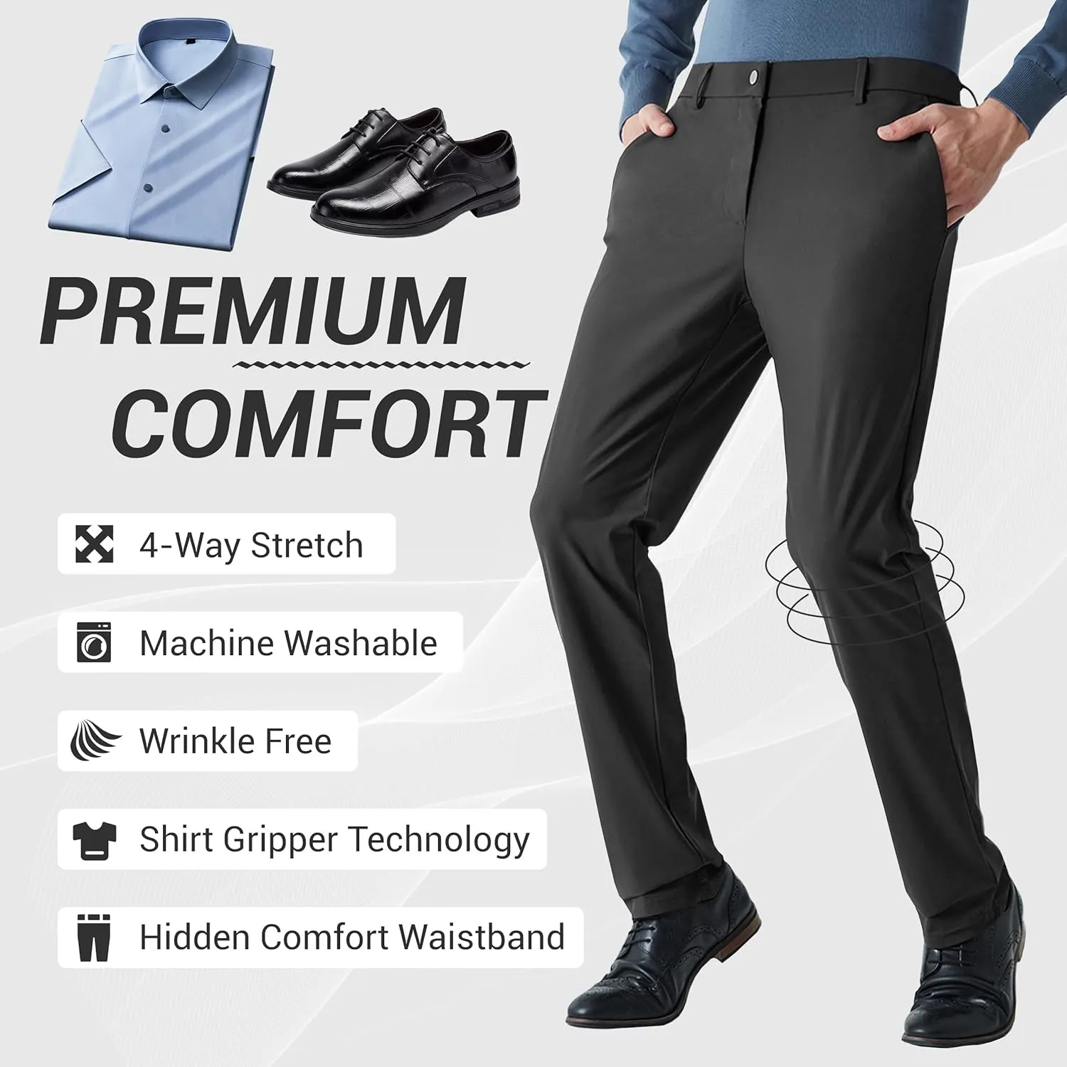 Mens Stretch Dress Pants, Men's Classic Fit Casual Pants Lightweight Quick Dry Flat Front Golf Work with Pockets