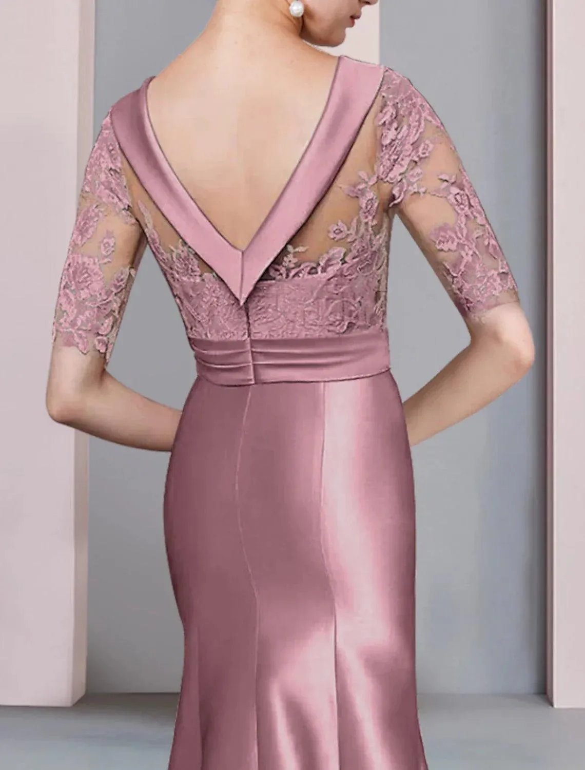 Mermaid / Trumpet Mother of the Bride Dress Formal Fall Wedding Guest Dresses Elegant High Low Scoop Neck Sweep / Brush Train Asymmetrical Satin Lace Half Sleeve with Bow(s) Appliques