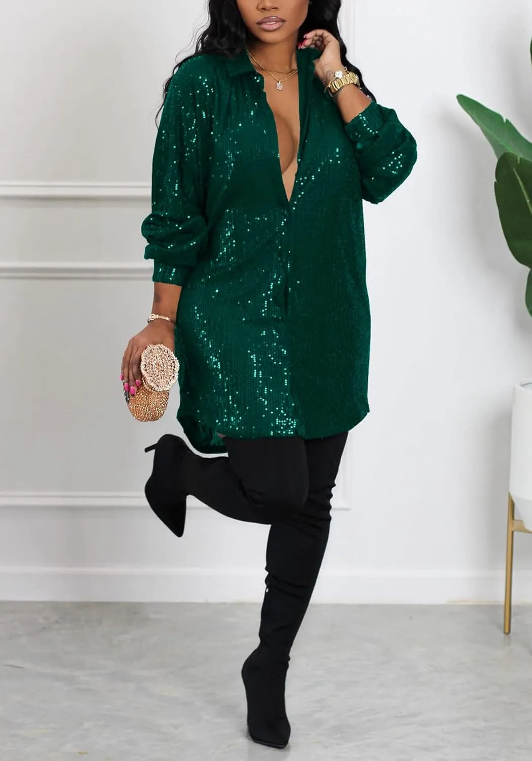 Midi Sequin Dress for Women Sparkle Button Down Sexy Shirt Dresses Long Sleeve Party Club Dress
