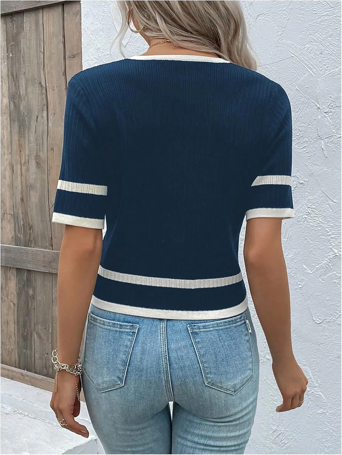 Milumia Women's Striped Button Up Cropped Short Sleeve Knit Tops