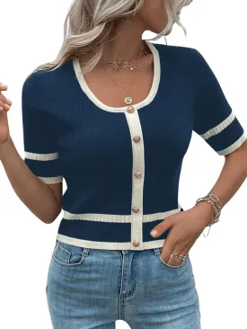 Milumia Women's Striped Button Up Cropped Short Sleeve Knit Tops