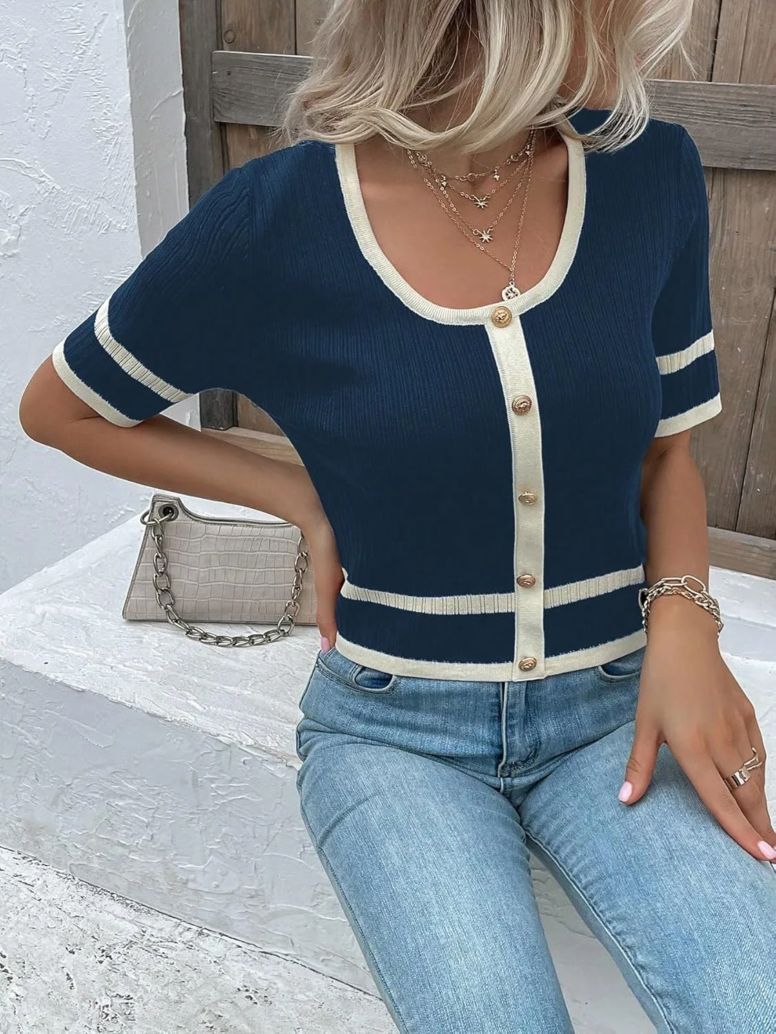 Milumia Women's Striped Button Up Cropped Short Sleeve Knit Tops