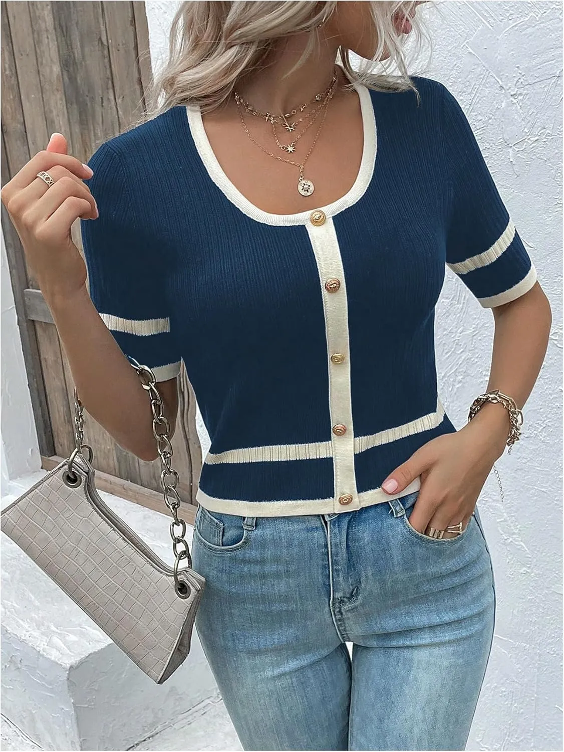 Milumia Women's Striped Button Up Cropped Short Sleeve Knit Tops