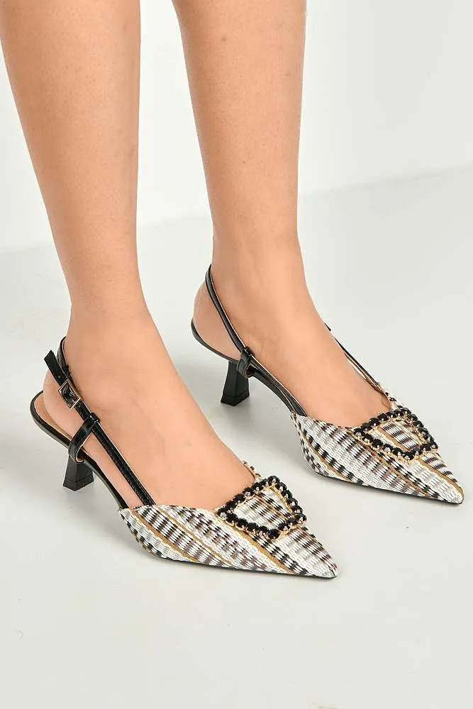 Nora Brooch Detail Textured Slingback Court Shoes in Black
