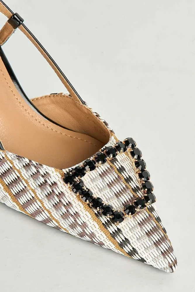 Nora Brooch Detail Textured Slingback Court Shoes in Black